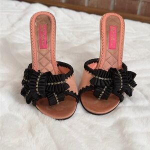 Betsey Johnson Pink Satin Slide Mules with Black Ruffle & Rhinestones